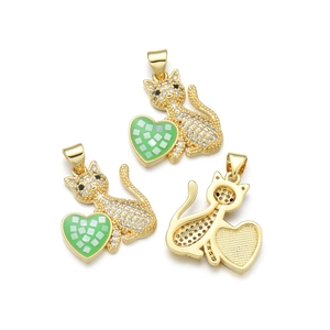 Gold-plated cat pendants with shell heart inlay and shimmering cubic zirconia stones