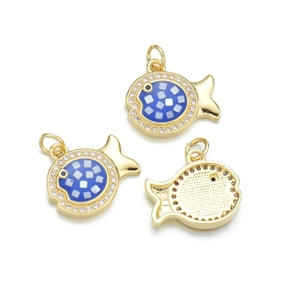Ciondolo a pesce placcato oro con intarsio blu e bordo in cristallo per gioielli DIY