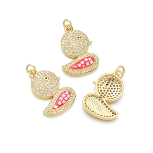 Golden duck charms with white rhinestones and red enamel plaid patterns for necklaces