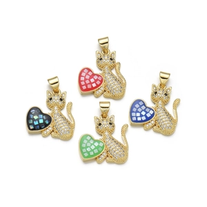 Cat heart pendants set in gold plating with colorful shell mosaic and zircon stones