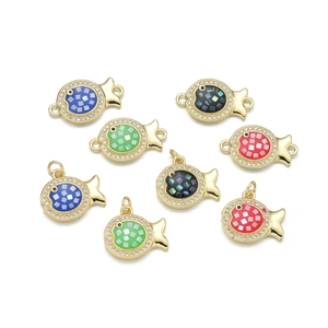 Pendente pesce placcato oro per collana con intarsio in conchiglia smalto e zirconi