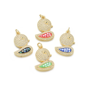 Gold plated duck pendants with shell inlay and cubic zirconia for DIY necklaces