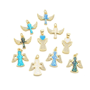Gold-plated angel and cross pendants with opal stones and sparkling zircon details