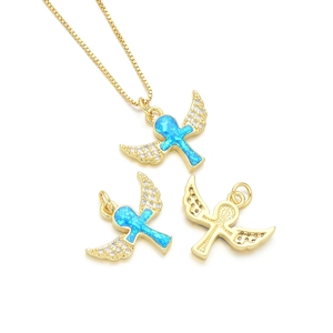 Gold angel cross pendant necklace set with blue opal stone and zircon wing detail