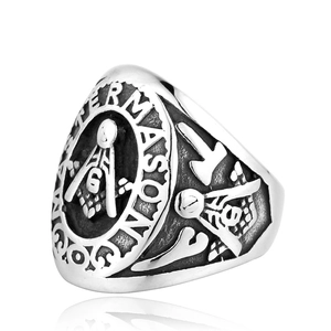 Vintage stainless steel Freemason Master Mason ring with antique silver relief finish