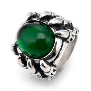 Men's gothic punk dragon claw ring with a large oval emerald green stone in silver steel