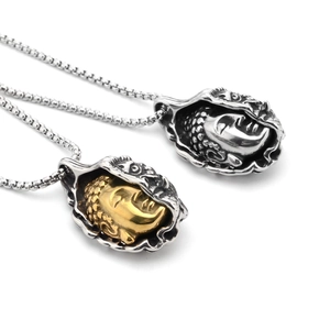 Vintage stainless steel Buddha head pendants in gold and silver with beaded chain