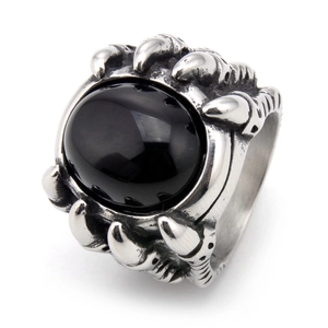 Punk style titanium steel dragon claw ring with a large oval black gemstone for men