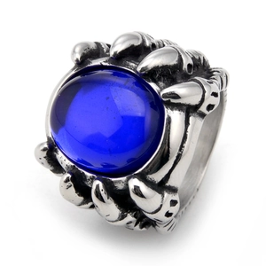 Vintage punk dragon claw ring for men featuring a large oval blue gemstone inlay