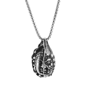 Retro stainless steel Buddha and Demon pendant necklace with square pearl chain for men