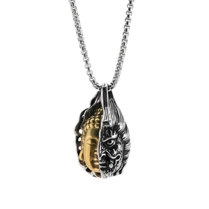 Retro stainless steel necklace with double-sided Buddha and Demon pendant on box chain