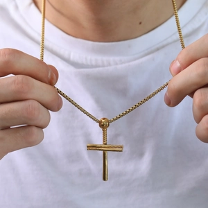Crossed baseball bats cross pendant necklace in gold-plated stainless steel for men