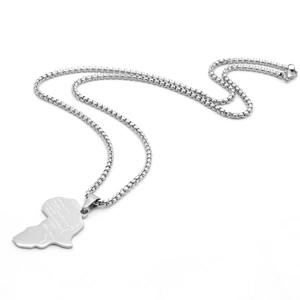 Silver stainless steel Africa map necklace with engraved city names on a box chain