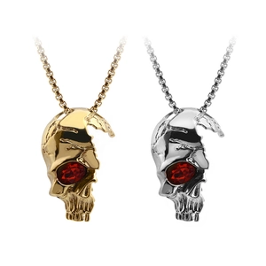 Hip Hop Edelstahl Halb Totenkopf Anhänger Halskette Für Herren Gothic Rock Persönlichkeit Poliert Mit Rotem Strass Schmuck Geschenk