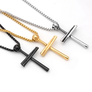 Titanium Steel Baseball Bat Cross Pendant Necklace For Men Sport Style Punk Jewelry Polished Stainless Steel Box Chain Necklace