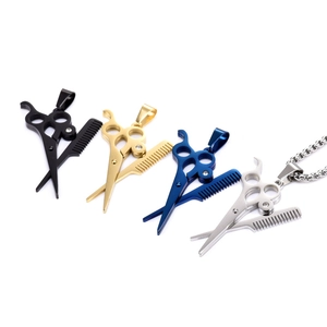 Stainless Steel Barber Scissors And Comb Pendant Necklace Punk Stylist Jewelry With Rhinestone For Men Women