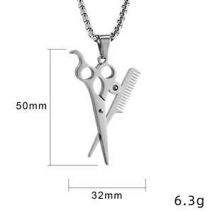 Punk style stainless steel scissor and comb pendant necklace with size 50mm x 32mm
