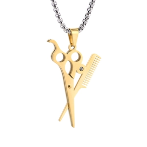 Gold scissors and comb pendant with box chain, hair stylist punk necklace for unisex
