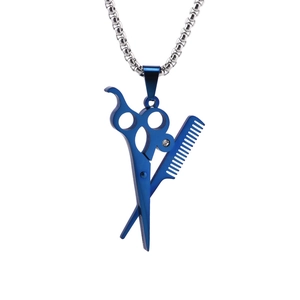 Blue scissors and comb pendant necklace made of stainless steel with a white rhinestone
