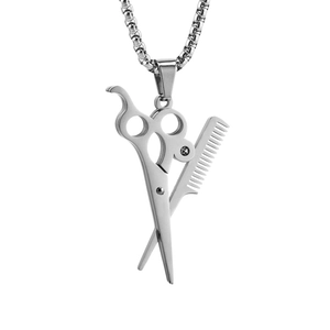 Punk style stainless steel scissors and comb pendant necklace with round box chain link