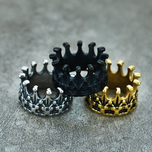 Retro gothic crown rings for men in black, silver, and gold stainless steel finishes