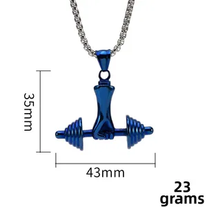 Blue dumbbell pendant necklace for men in punk stainless steel style with dimensions 35x43mm