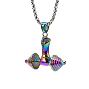 Rainbow plated stainless steel dumbbell pendant necklace with round box chain for men