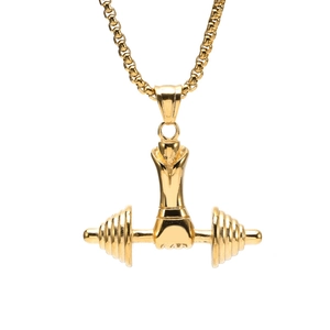 Polished gold stainless steel fitness necklace with a fist holding a dumbbell pendant