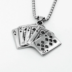 Retro titanium steel royal flush poker card pendant necklace with a vintage silver finish
