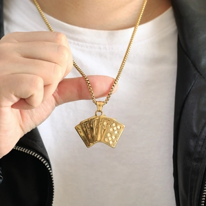 Hip hop royal flush poker cards pendant necklace in gold titanium steel for men