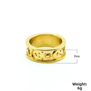 Bague vintage en acier titane doré avec motifs soleil, lune et étoiles, largeur 8mm