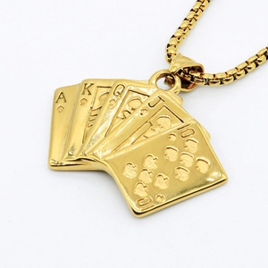 Gold royal flush poker pendant necklace with polished square link chain for men