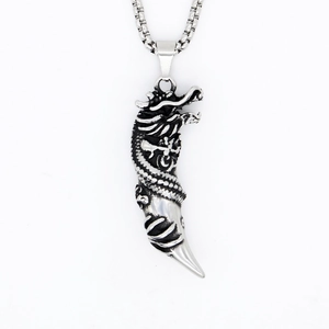 Vintage Stainless Steel Dragon Tooth Pendant Necklace For Men Gothic Punk Retro Silver Black Dragon Totem Jewelry Gift