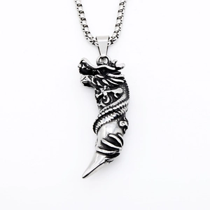 Vintage silver dragon tooth pendant necklace in retro stainless steel gothic style