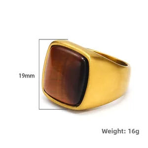 Bague vintage pour homme avec œil de tigre carrée en acier doré brossé, poids 16g
