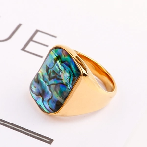 Detailed side view of a gold-plated titanium ring with colorful abalone shell inlay