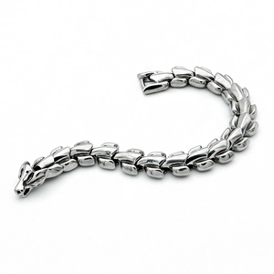 Primer plano de pulsera de cadena de hueso de dragón plateada vintage con cierre de cabeza