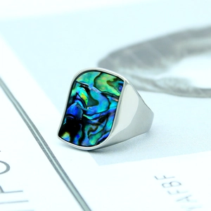 Polished titanium steel ring with colorful abalone shell inlay for men and women