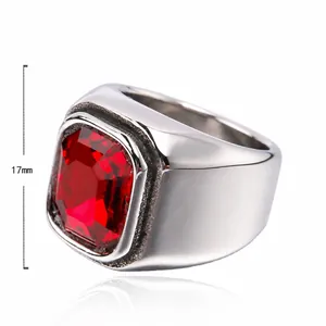 Herren-Retro-Ring aus Titanstahl mit quadratischem rotem Edelstein, 17mm breit, 19g