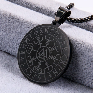 Vintage Nordic Viking Valknut pendant necklace with black rune compass in stainless steel