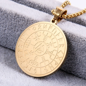 Vintage Viking Vegvisir compass pendant necklace in gold stainless steel with runes