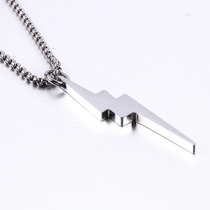 Polished silver lightning bolt pendant necklace for men in industrial stainless steel style