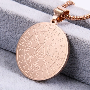 Retro Viking compass pendant in rose gold finish with Nordic runes and steel square chain