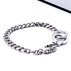 Minimalist silver stainless steel handcuff bracelet with Cuban link and engraved text