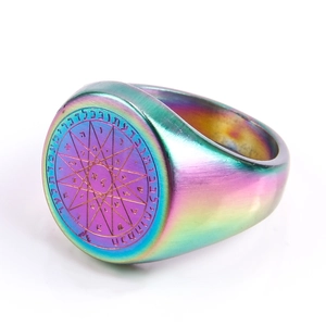 Rainbow stainless steel signet ring for men featuring Hebrew engraving and star pattern