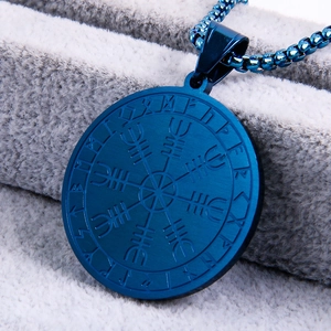 Blue Viking compass pendant with Futhark runes on a stainless steel box chain necklace