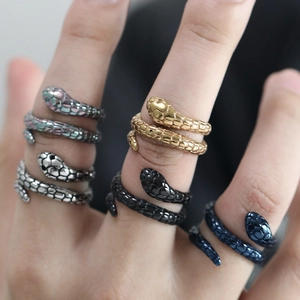 Men's stainless steel snake wrap ring featuring realistic scales in five metallic finishes