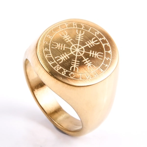 Bague boussole viking pour homme en acier inoxydable doré avec gravure de runes