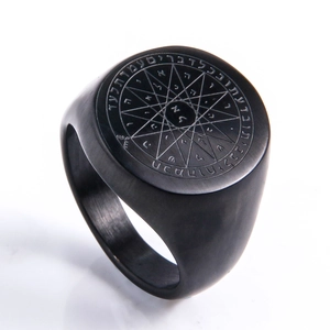 Vintage matte black stainless steel compass signet ring for men with engraved star