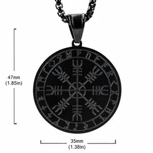 Viking Vegvisir compass pendant necklace in black plated stainless steel, 35mm diameter